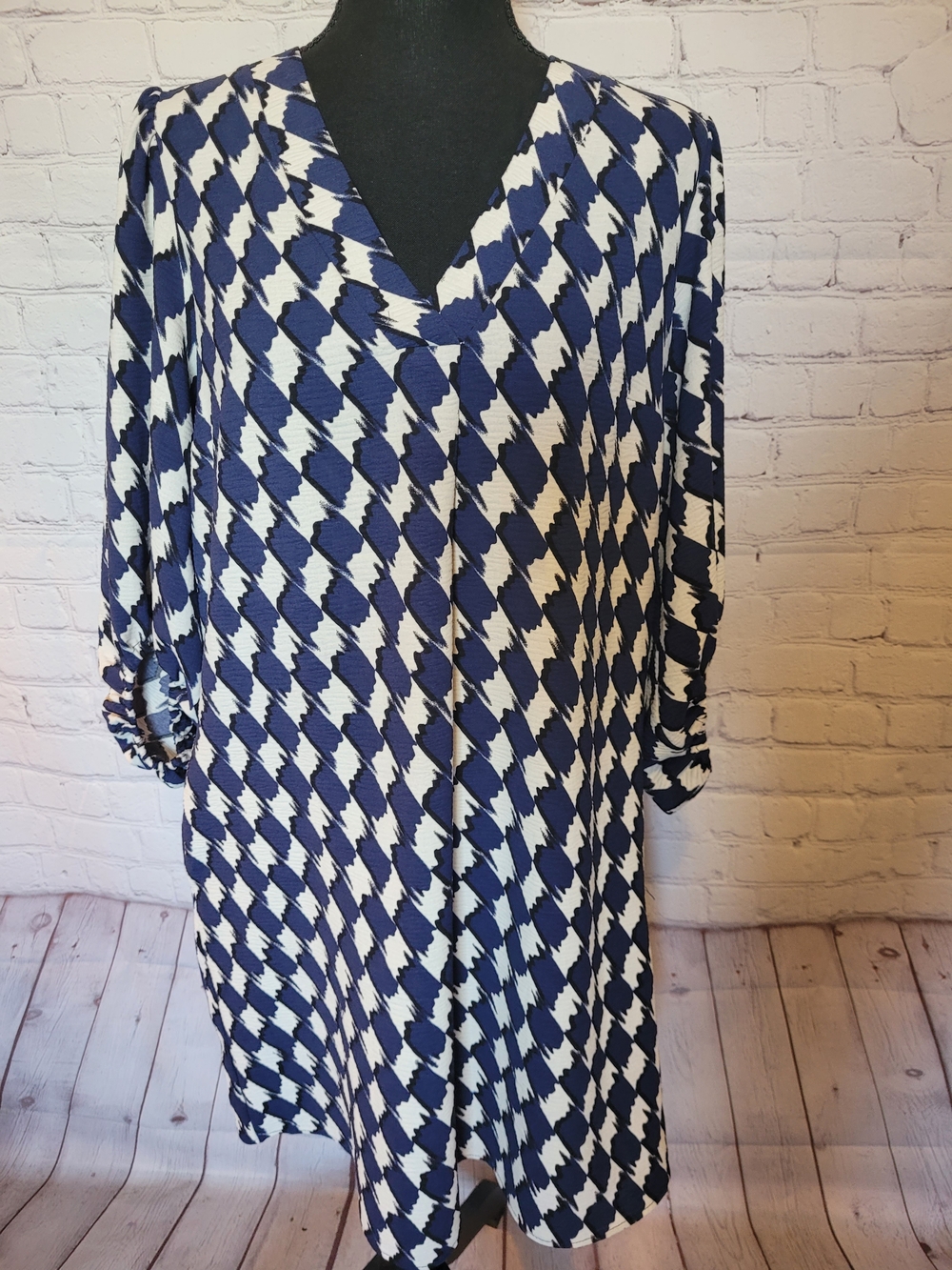 Navy Blue Cream CAto Size Medium Half Balloon Sleeve Geometri Tunic Dress Office